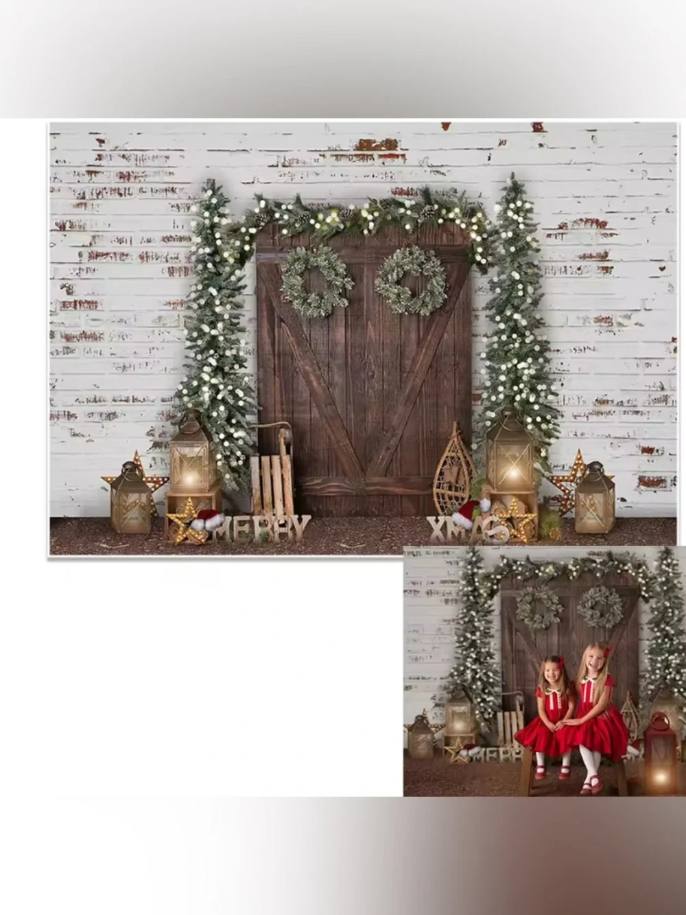 Festive Snowy Fir Garland and Wreath Holiday Backdrop - Green and White